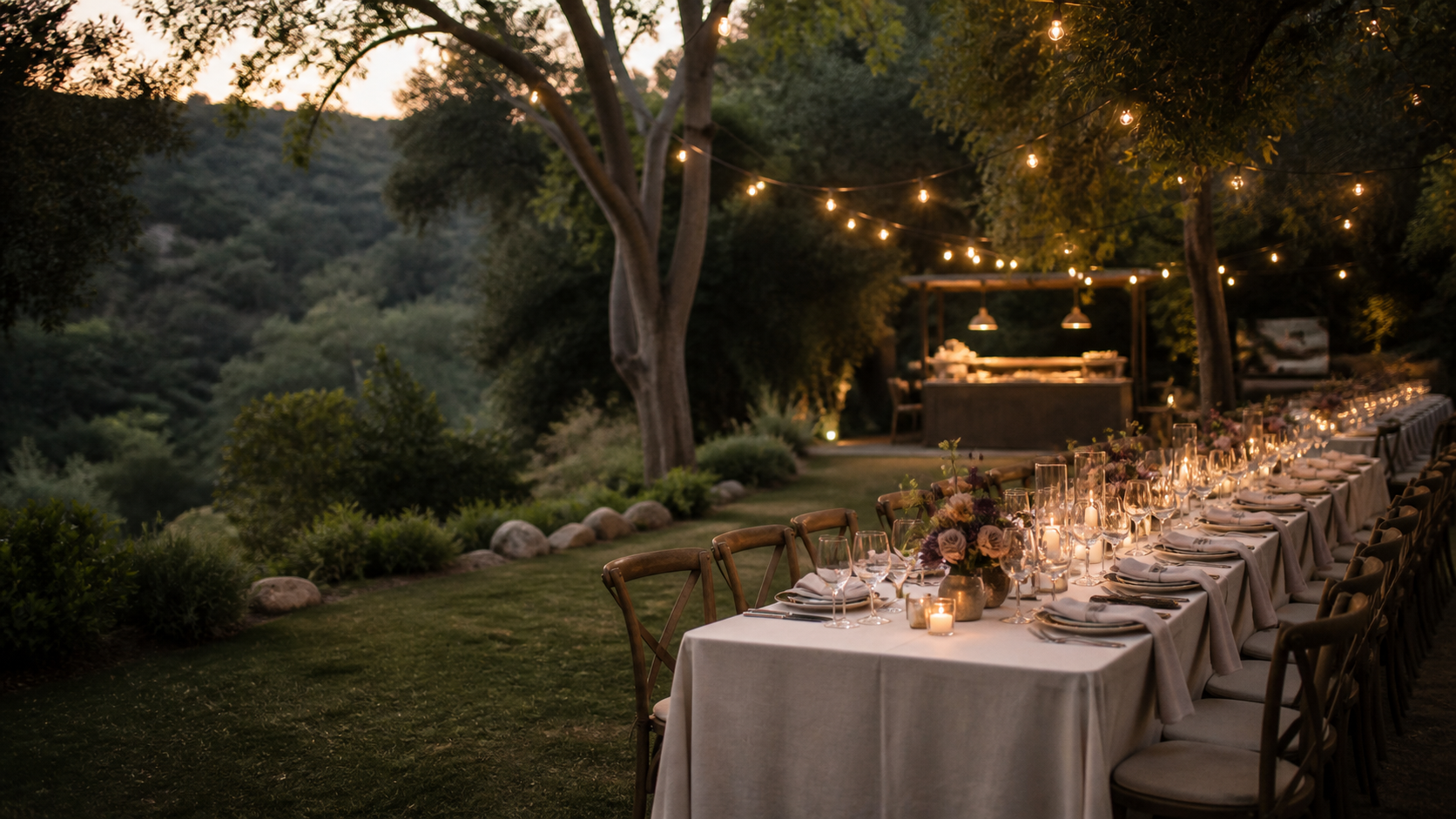Candlelit garden wedding dinner in a wooded canyon